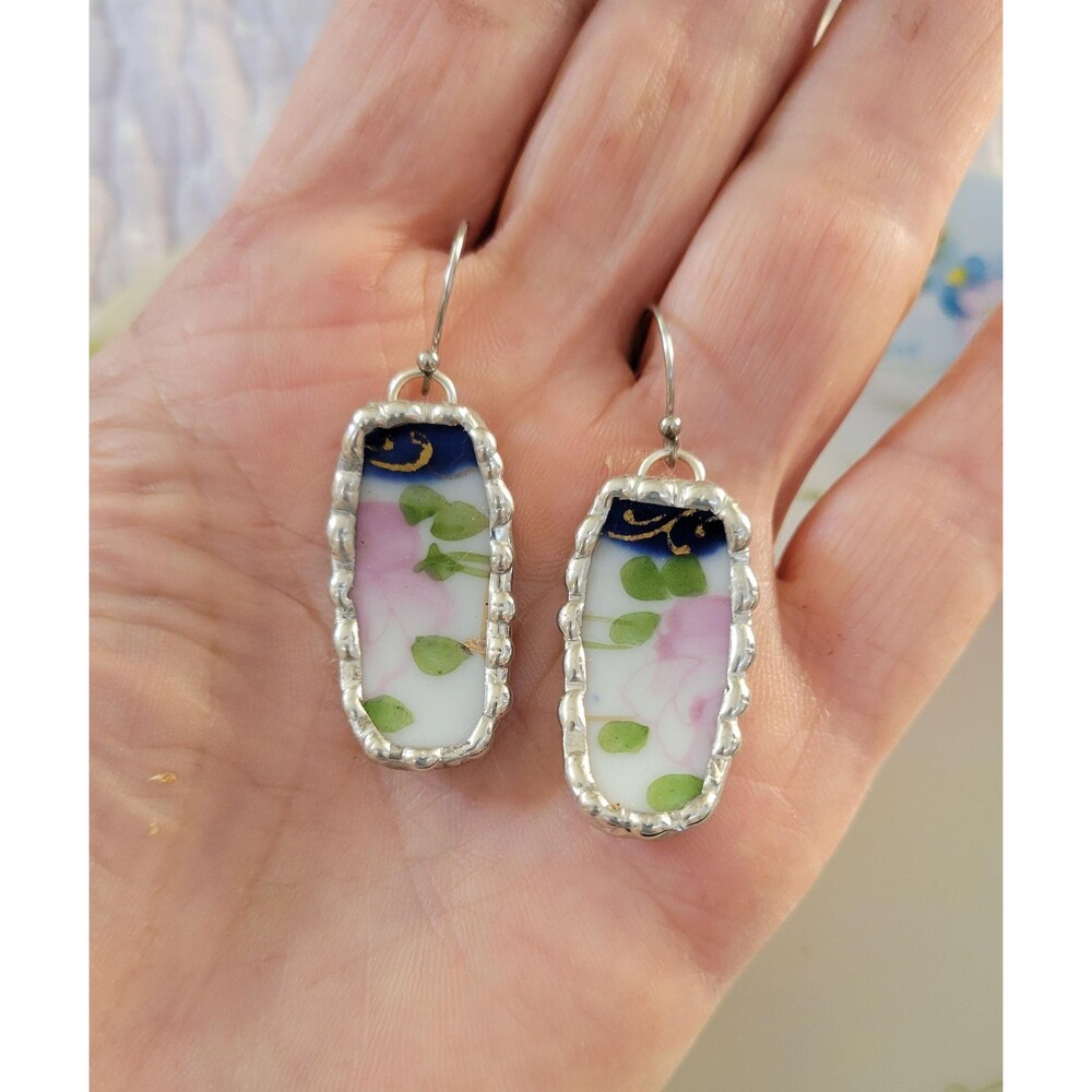 Broken China Pink Flower & Green Leaves Soldered Earrings